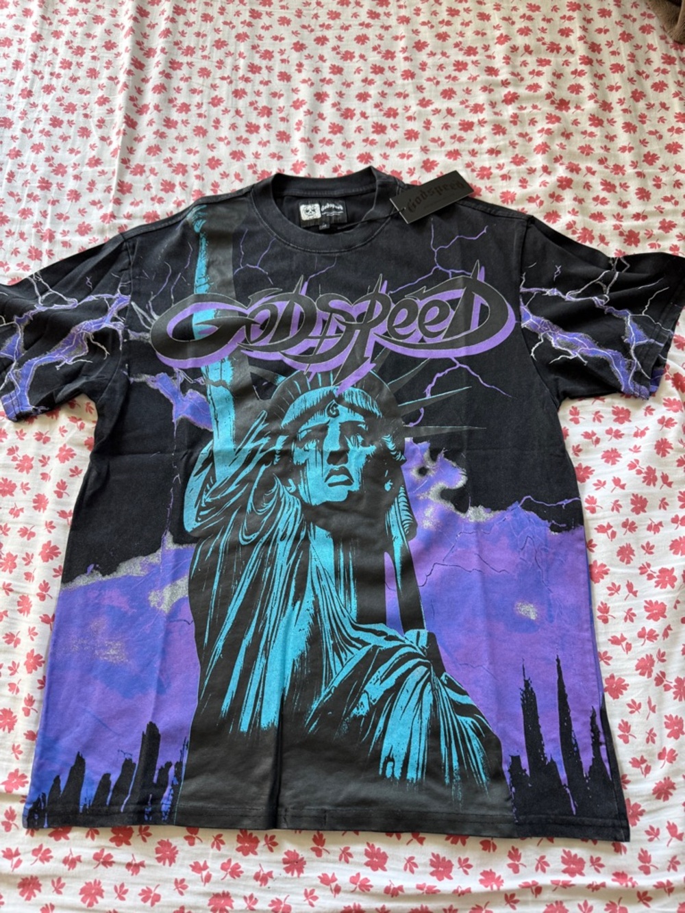 Godspeed- Purple Voltage Black Short Sleeve Tee with Teal & Purple Statue